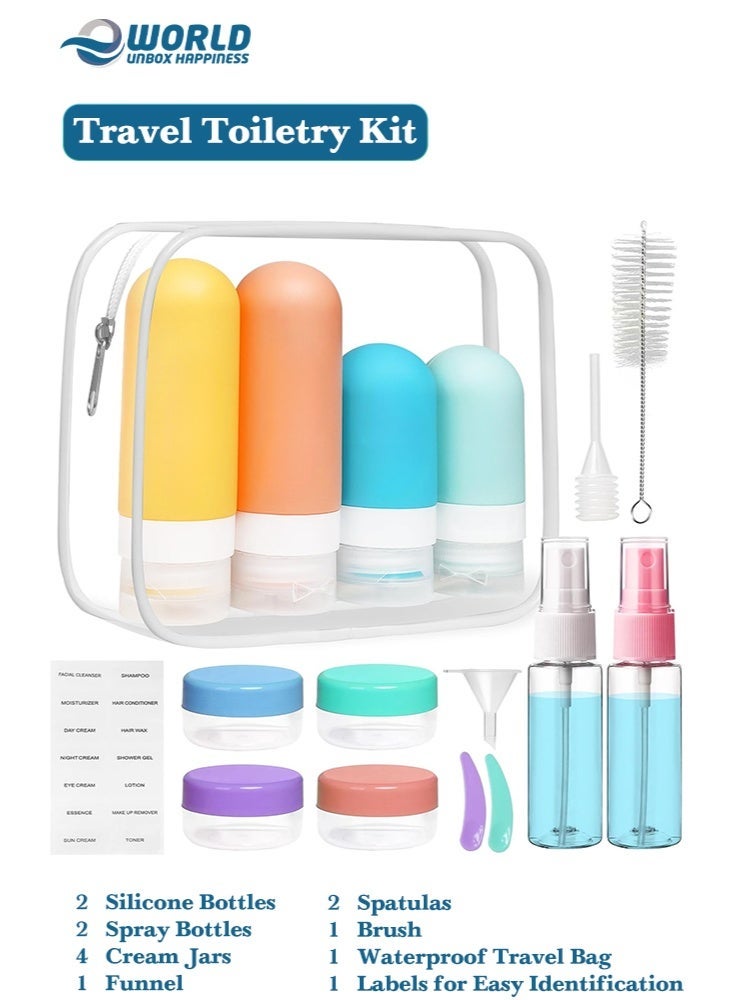 إي وورلد مجموعة زجاجات سفر 16 قطعة للمستحضرات | حاويات سفر سيليكون مقاومة للتسرب وقابلة لإعادة التعبئة للشامبو والبلسم واللوشن والسوائل | مجموعة سفر ملونة مع حقيبة | معتمدة من TSA - Image 2